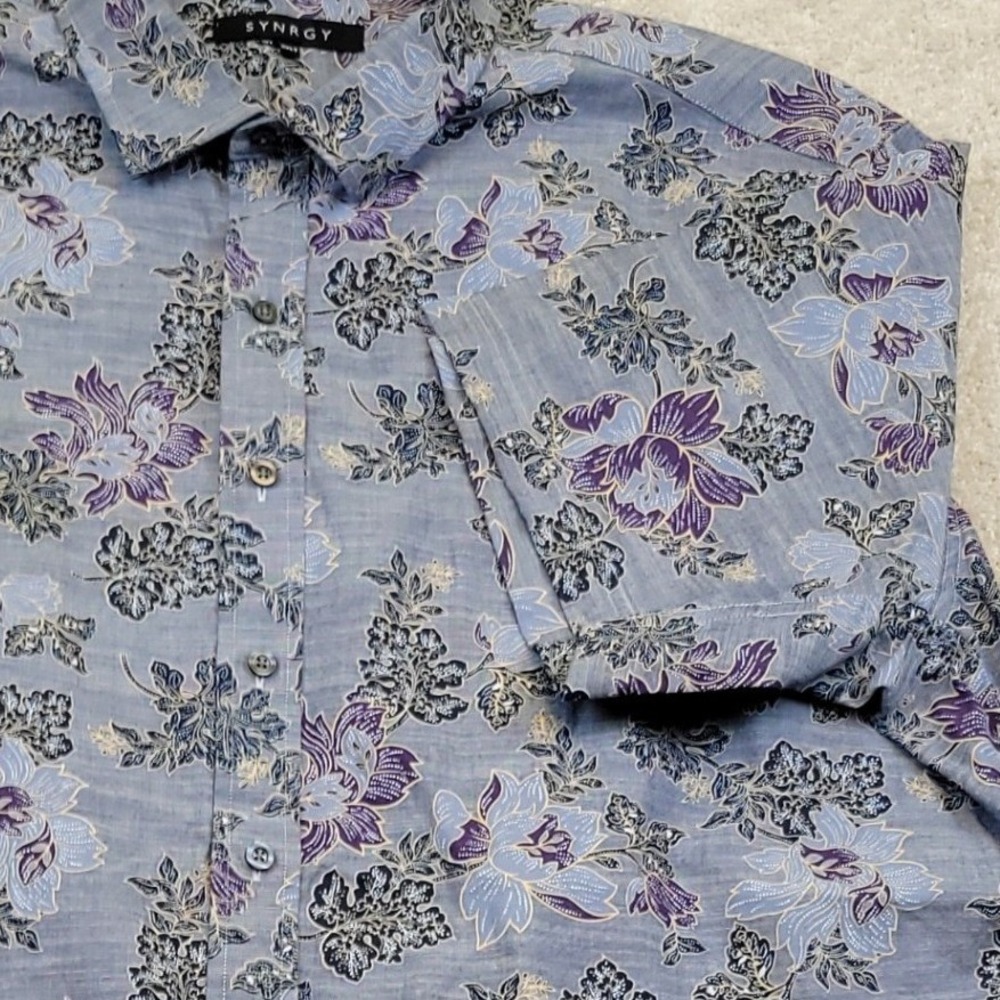 SYNRGY Button Down Shirt Mens 2XLT Blue Purple Floral Hawaiian Short Sleeve NWOT